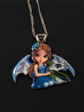 Hand Crafted ✦ Blue Winged Dragon Girl Acrylic Pendant Necklace ✦ Heart Bail NWT